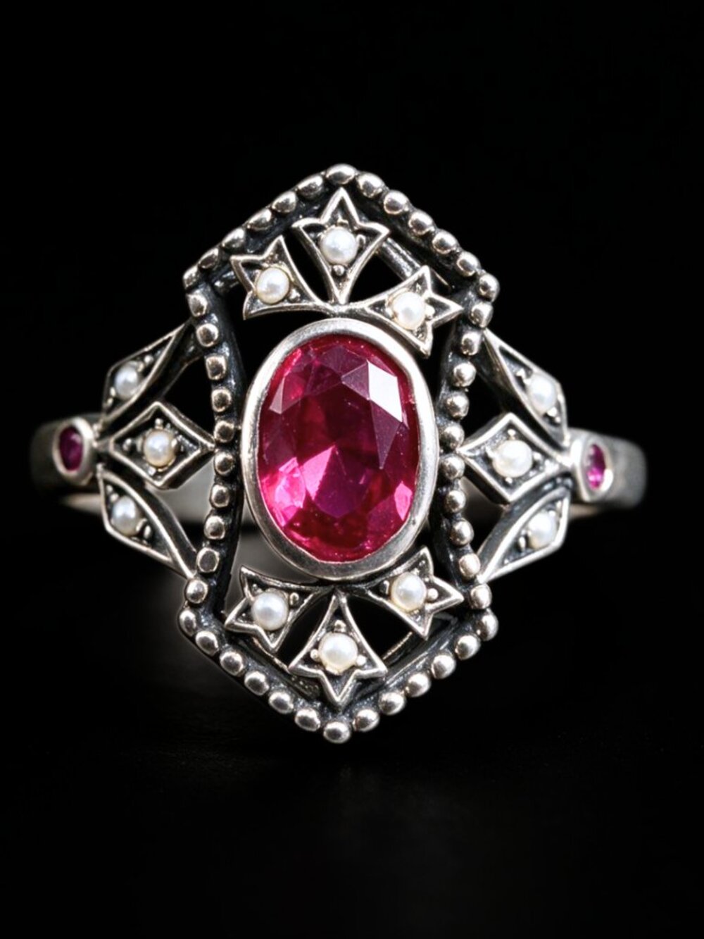 Vintage Art Deco Sterling Silver Ring With Dark Pink Red Tourmaline 925 in Box